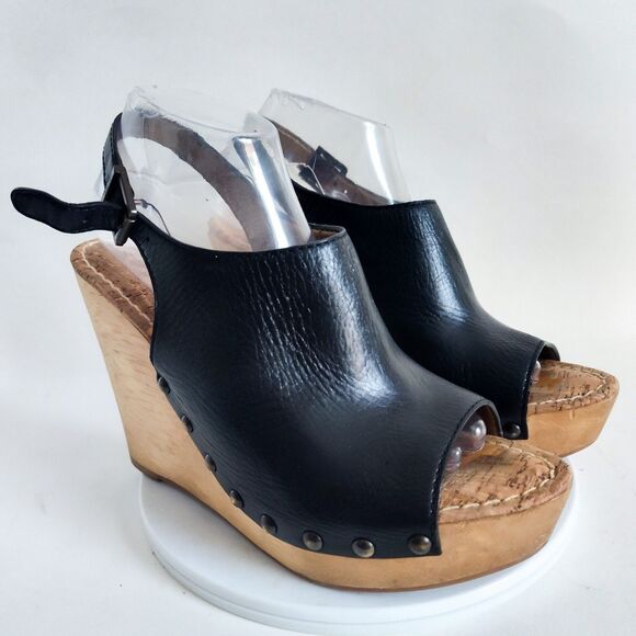 Sam Edelman Camilla Black Leather Wooden Wedge Platform Slingback Sandals 10 - Picture 1 of 10